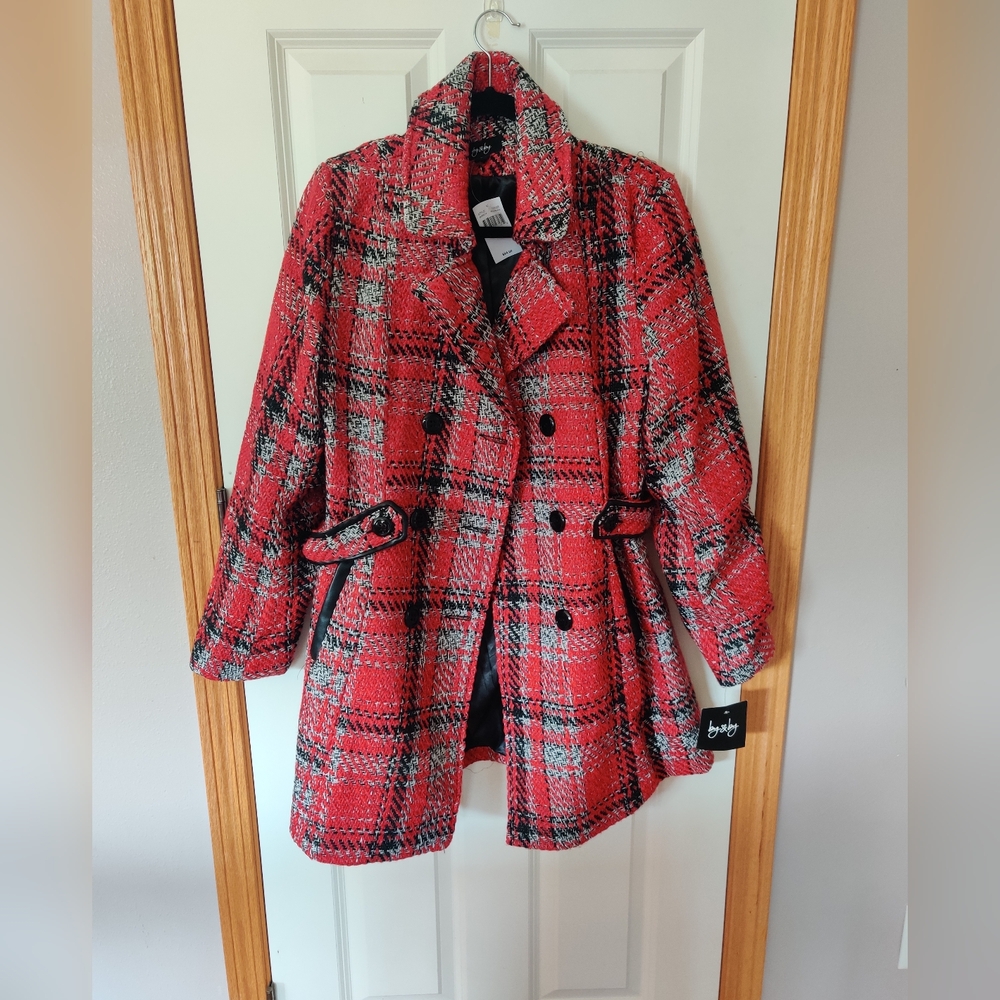 by & by Red Plaid Pea Coat